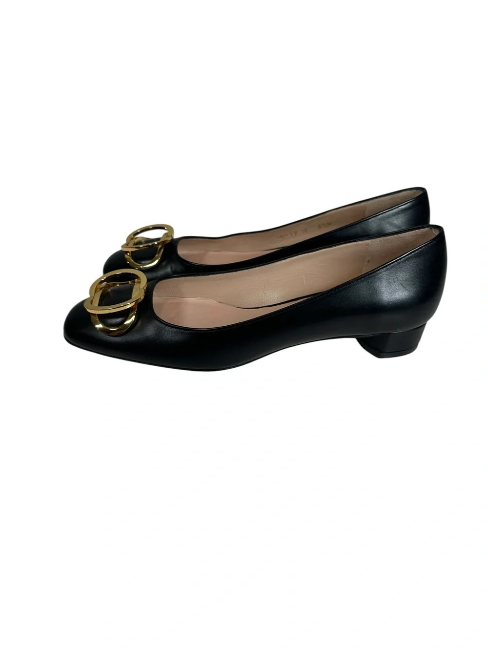 Stuart Weitzman 6.5 Anicia Black Leather Flats with Gold Buckle Accent